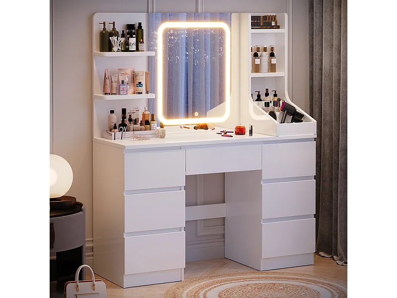 Coiffeuse LED avec 7 grands tiroirs, 7 couleurs et luminosité réglable, coiffeuse avec miroir pour chambre à coucher
