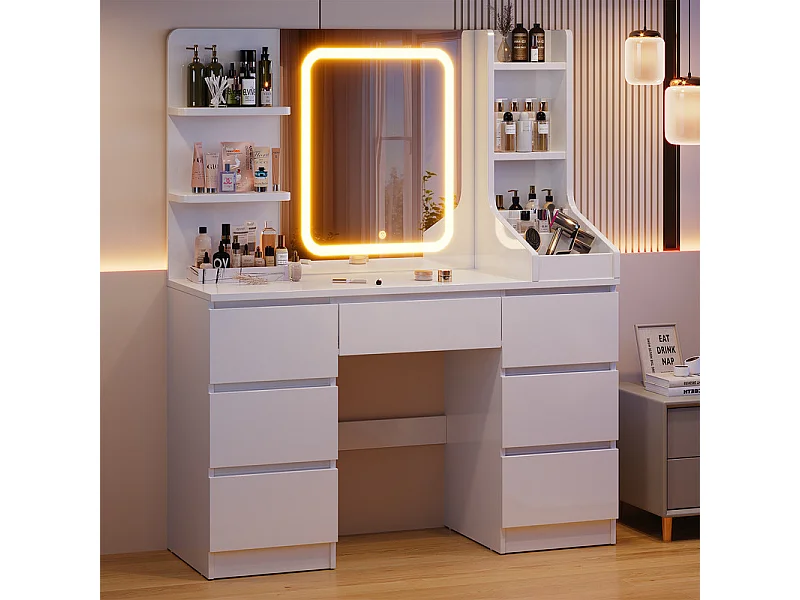 Coiffeuse LED avec 7 grands tiroirs, 7 couleurs et luminosité réglable, coiffeuse avec miroir pour chambre à coucher