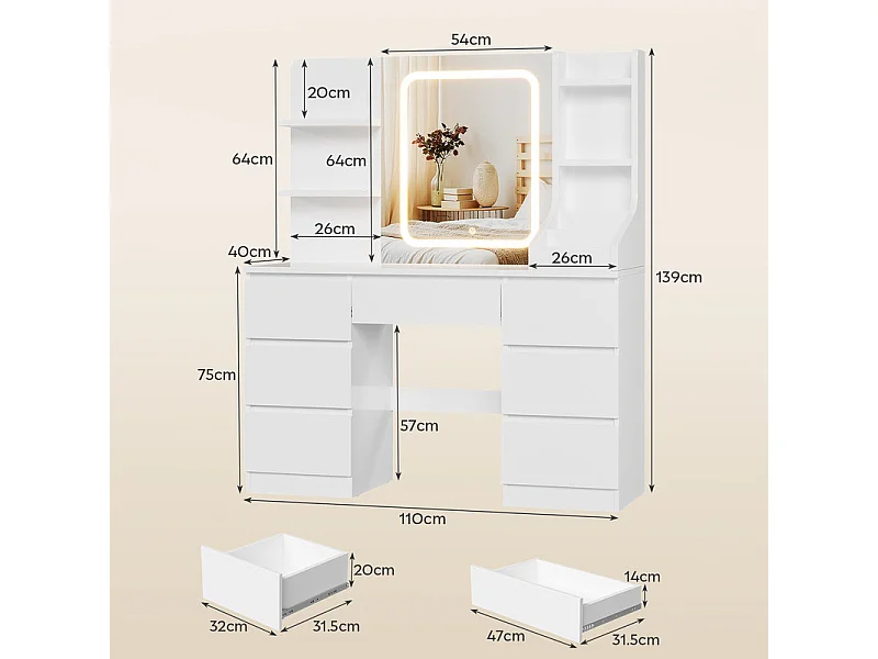 Coiffeuse LED avec 7 grands tiroirs, 7 couleurs et luminosité réglable, coiffeuse avec miroir pour chambre à coucher