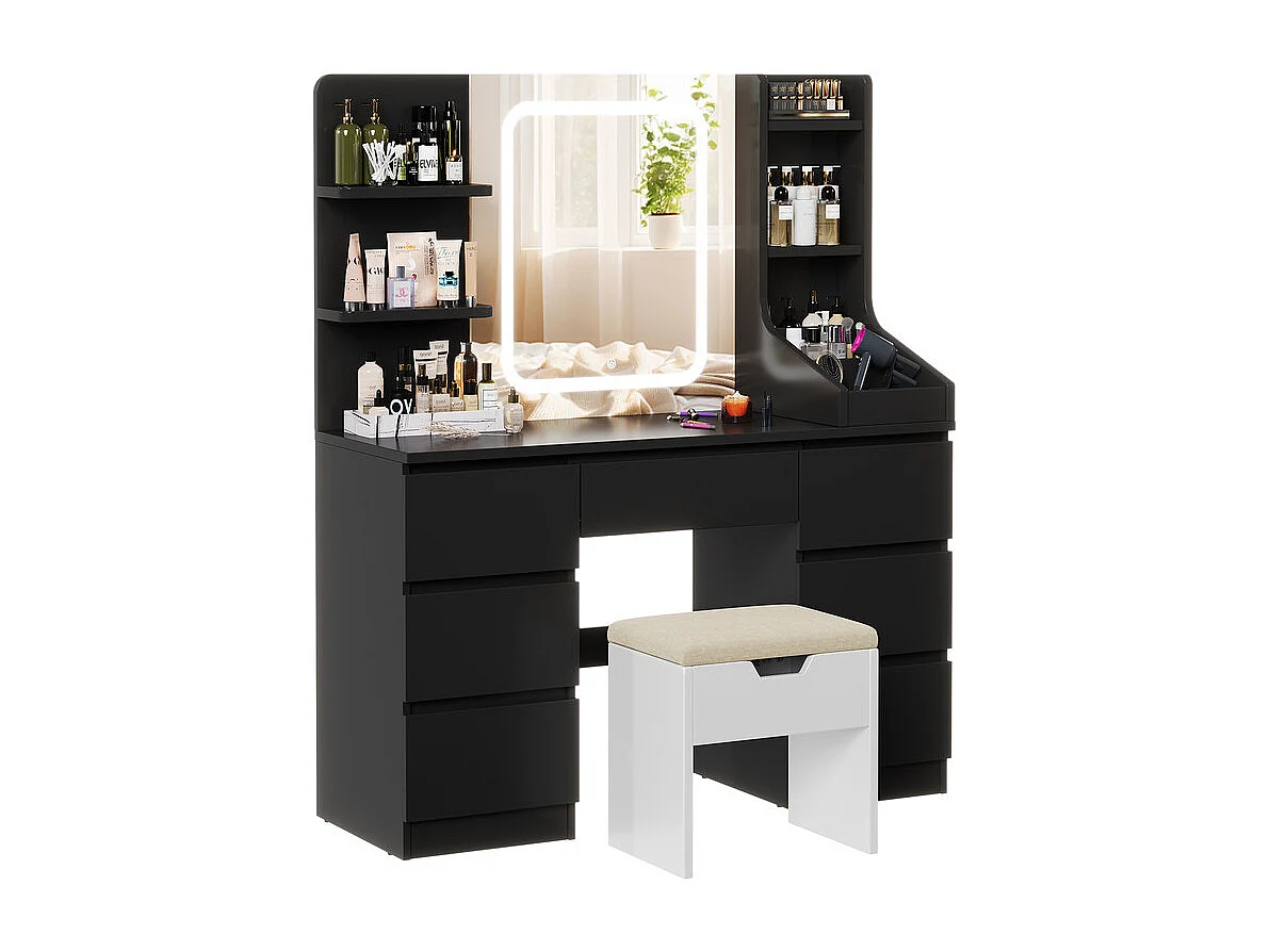 Coiffeuse LED avec 7 grands tiroirs, 4 couleurs et luminosité réglable, coiffeuse avec miroir pour chambre à coucher