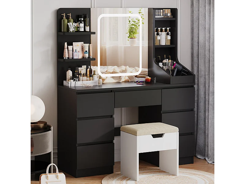 Coiffeuse LED avec 7 grands tiroirs, 4 couleurs et luminosité réglable, coiffeuse avec miroir pour chambre à coucher