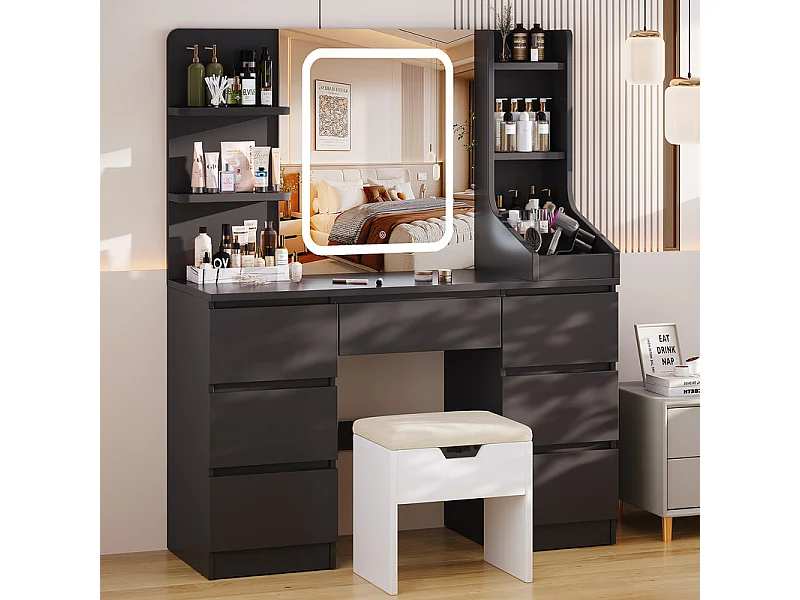 Coiffeuse LED avec 7 grands tiroirs, 4 couleurs et luminosité réglable, coiffeuse avec miroir pour chambre à coucher