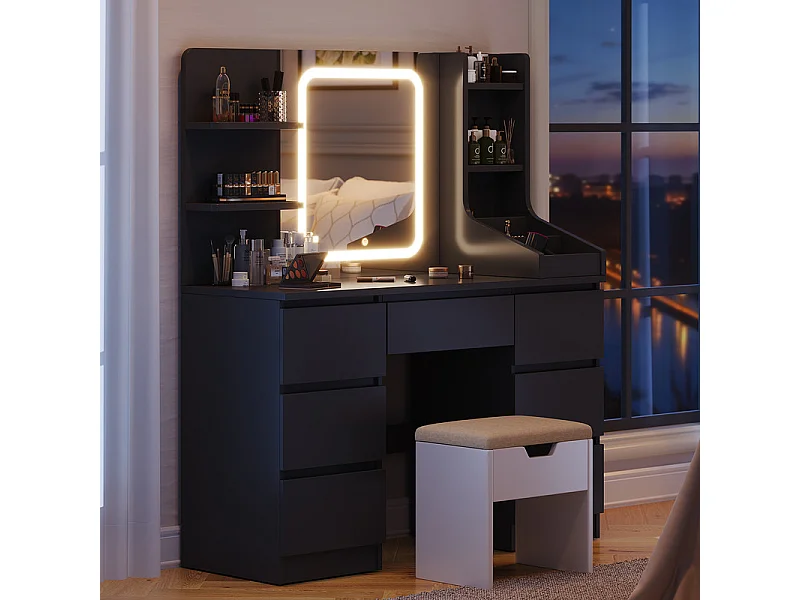 Coiffeuse LED avec 7 grands tiroirs, 4 couleurs et luminosité réglable, coiffeuse avec miroir pour chambre à coucher