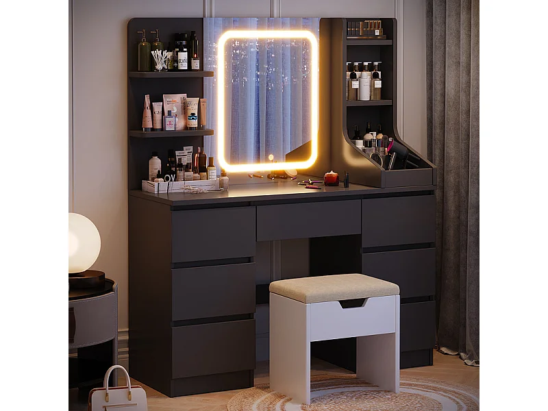 Coiffeuse LED avec 7 grands tiroirs, 4 couleurs et luminosité réglable, coiffeuse avec miroir pour chambre à coucher