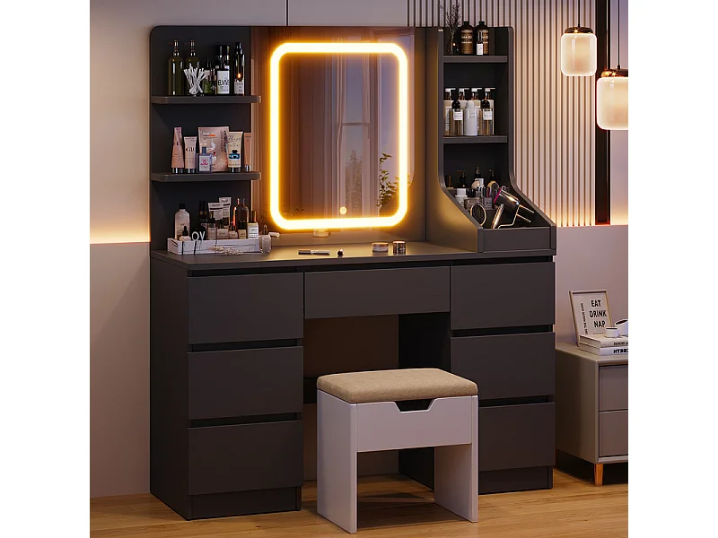 Coiffeuse LED avec 7 grands tiroirs, 4 couleurs et luminosité réglable, coiffeuse avec miroir pour chambre à coucher