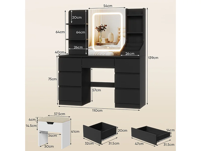 Coiffeuse LED avec 7 grands tiroirs, 4 couleurs et luminosité réglable, coiffeuse avec miroir pour chambre à coucher