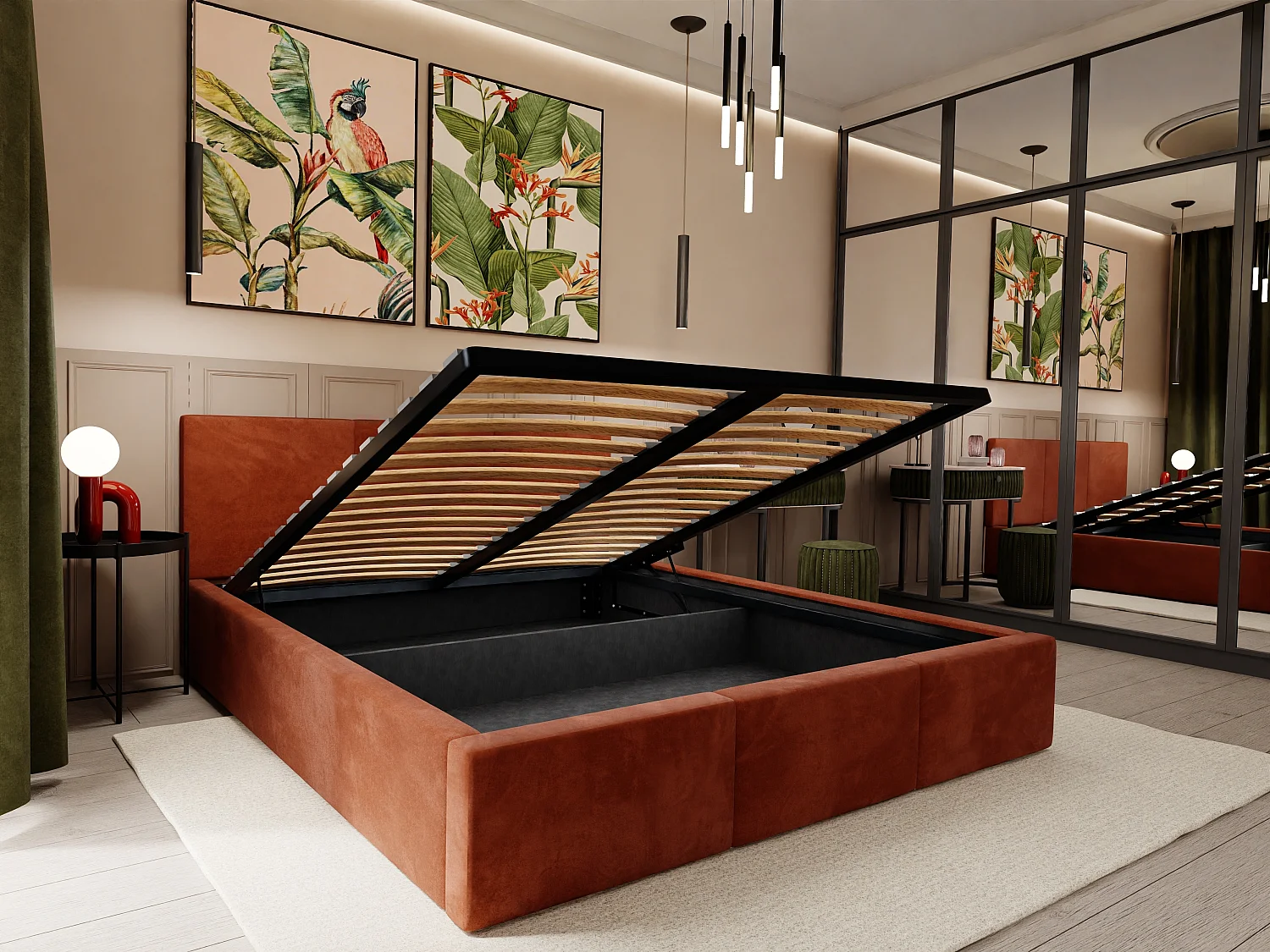 Muralo POLSTERBETT für Schlafzimmer Polsterbett mit Bettkasten und Gasdruckfeder Bett mit Polsterkopfteil Bett 120x200 Bett mit Stauraum Honigfarbe