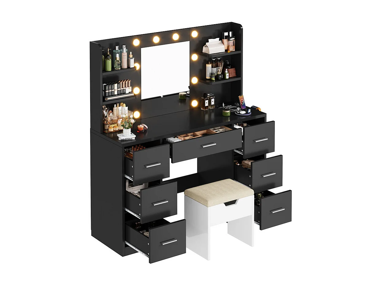 Coiffeuse avec miroir LED réglable et prise, bureau de maquillage moderne, 7 tiroirs et 4 étagères, avec tabouret, 110 x 40 x 138 cm