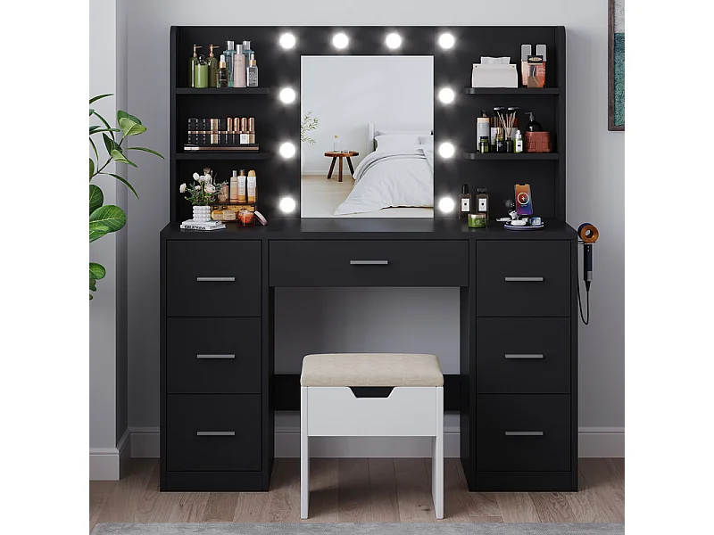 Coiffeuse avec miroir LED réglable et prise, bureau de maquillage moderne, 7 tiroirs et 4 étagères, avec tabouret, 110 x 40 x 138 cm