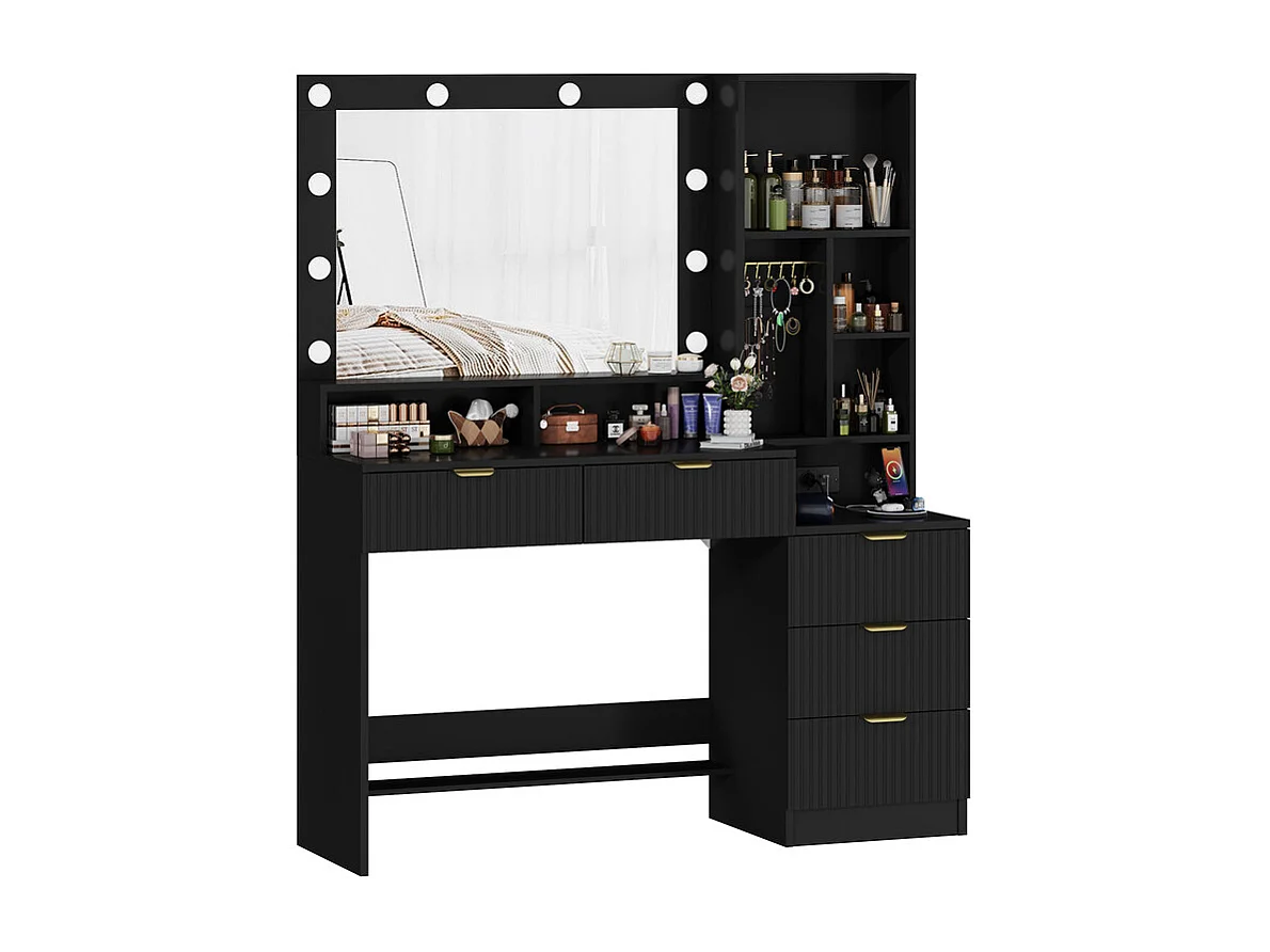 Coiffeuse avec miroir LED réglable et prises, meuble de maquillage moderne avec 5 tiroirs, étagères ouvertes et crochets à bijoux, 110 x 40 x 137 cm