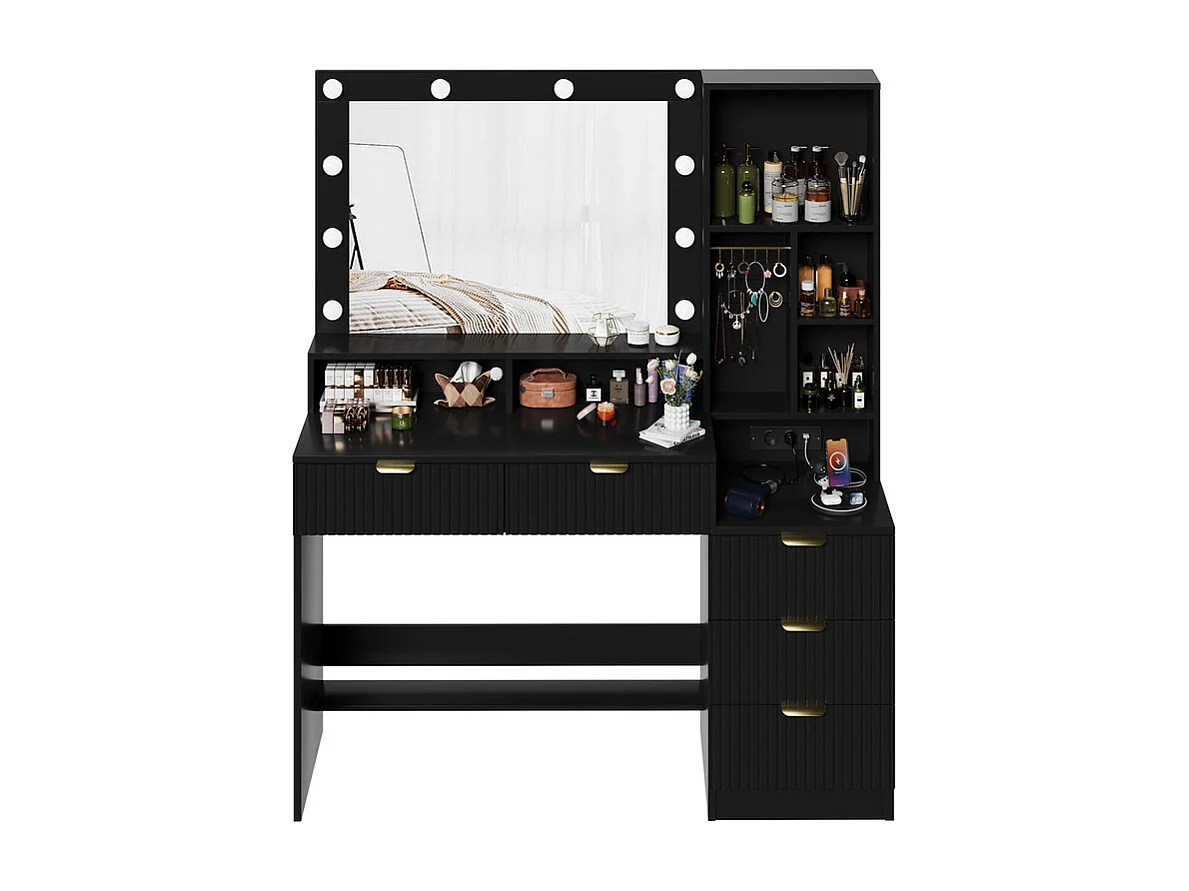 Coiffeuse avec miroir LED réglable et prises, meuble de maquillage moderne avec 5 tiroirs, étagères ouvertes et crochets à bijoux, 110 x 40 x 137 cm