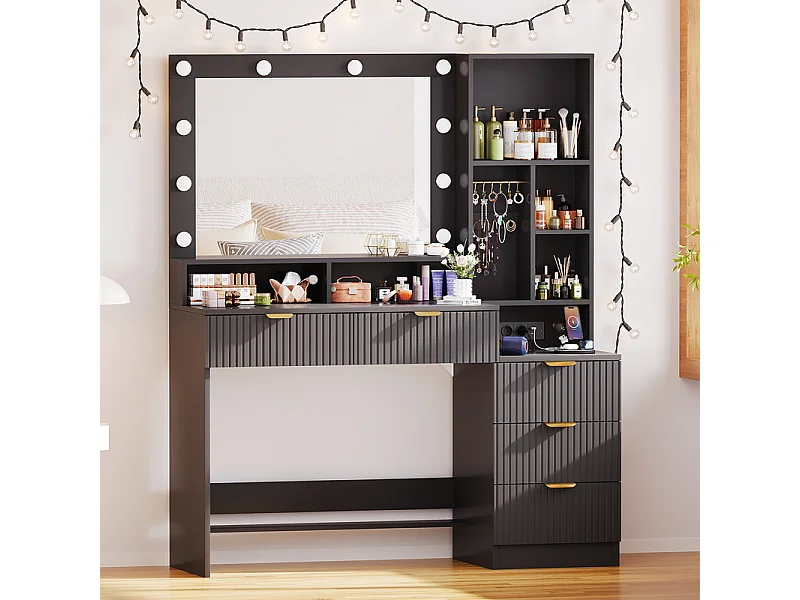 Coiffeuse avec miroir LED réglable et prises, meuble de maquillage moderne avec 5 tiroirs, étagères ouvertes et crochets à bijoux, 110 x 40 x 137 cm