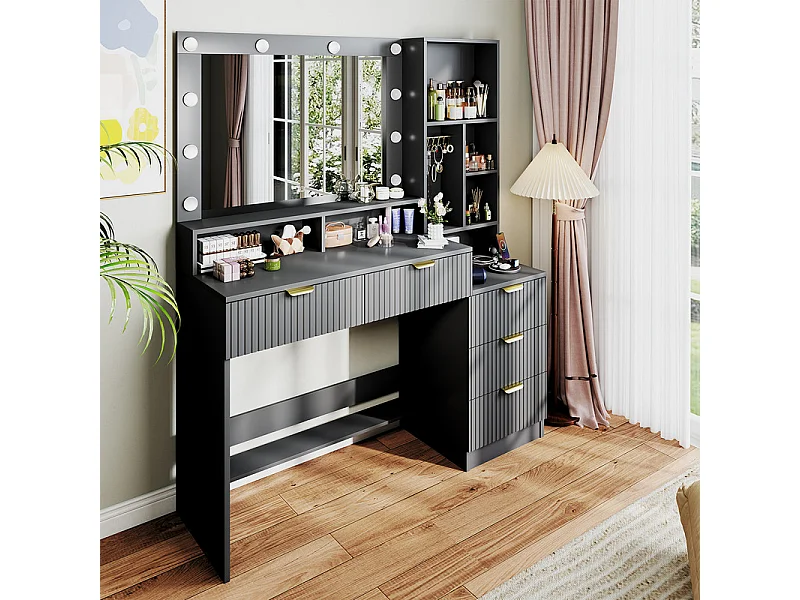 Coiffeuse avec miroir LED réglable et prises, meuble de maquillage moderne avec 5 tiroirs, étagères ouvertes et crochets à bijoux, 110 x 40 x 137 cm