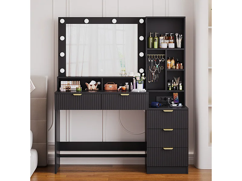 Coiffeuse avec miroir LED réglable et prises, meuble de maquillage moderne avec 5 tiroirs, étagères ouvertes et crochets à bijoux, 110 x 40 x 137 cm