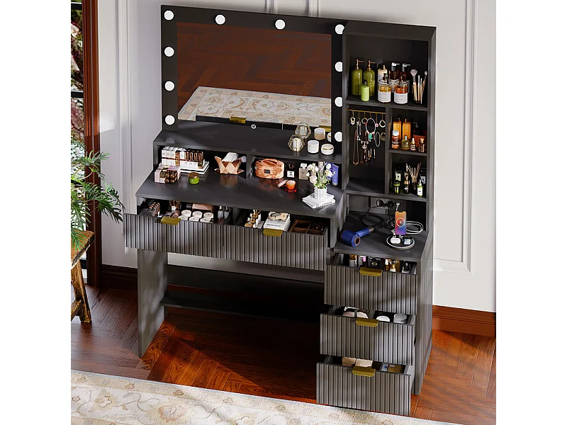 Coiffeuse avec miroir LED réglable et prises, meuble de maquillage moderne avec 5 tiroirs, étagères ouvertes et crochets à bijoux, 110 x 40 x 137 cm