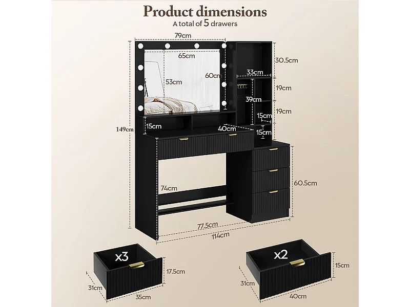 Coiffeuse avec miroir LED réglable et prises, meuble de maquillage moderne avec 5 tiroirs, étagères ouvertes et crochets à bijoux, 110 x 40 x 137 cm