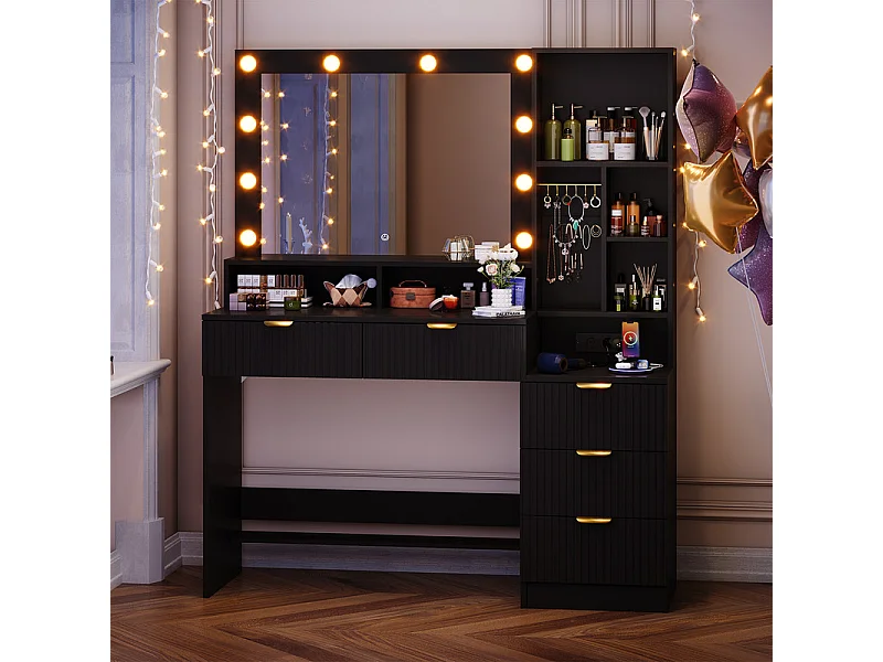 Coiffeuse avec miroir LED réglable et prises, meuble de maquillage moderne avec 5 tiroirs, étagères ouvertes et crochets à bijoux, 110 x 40 x 137 cm