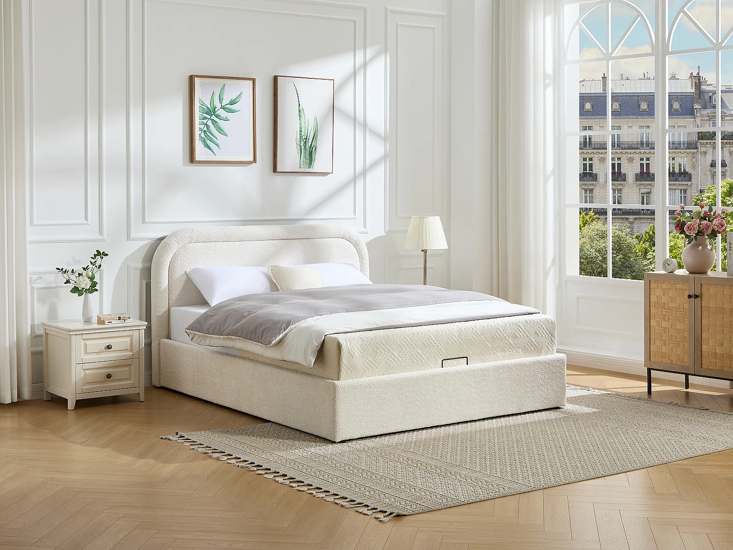 Lit coffre 160 x 200 cm - Tissu bouclette - Beige + Matelas – FIDOZIA