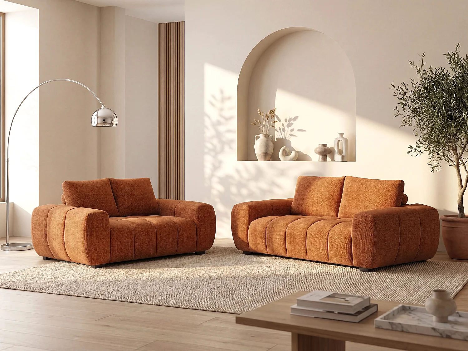 Canapé 2 places et 3 places en tissu texturé terracotta BERENIA