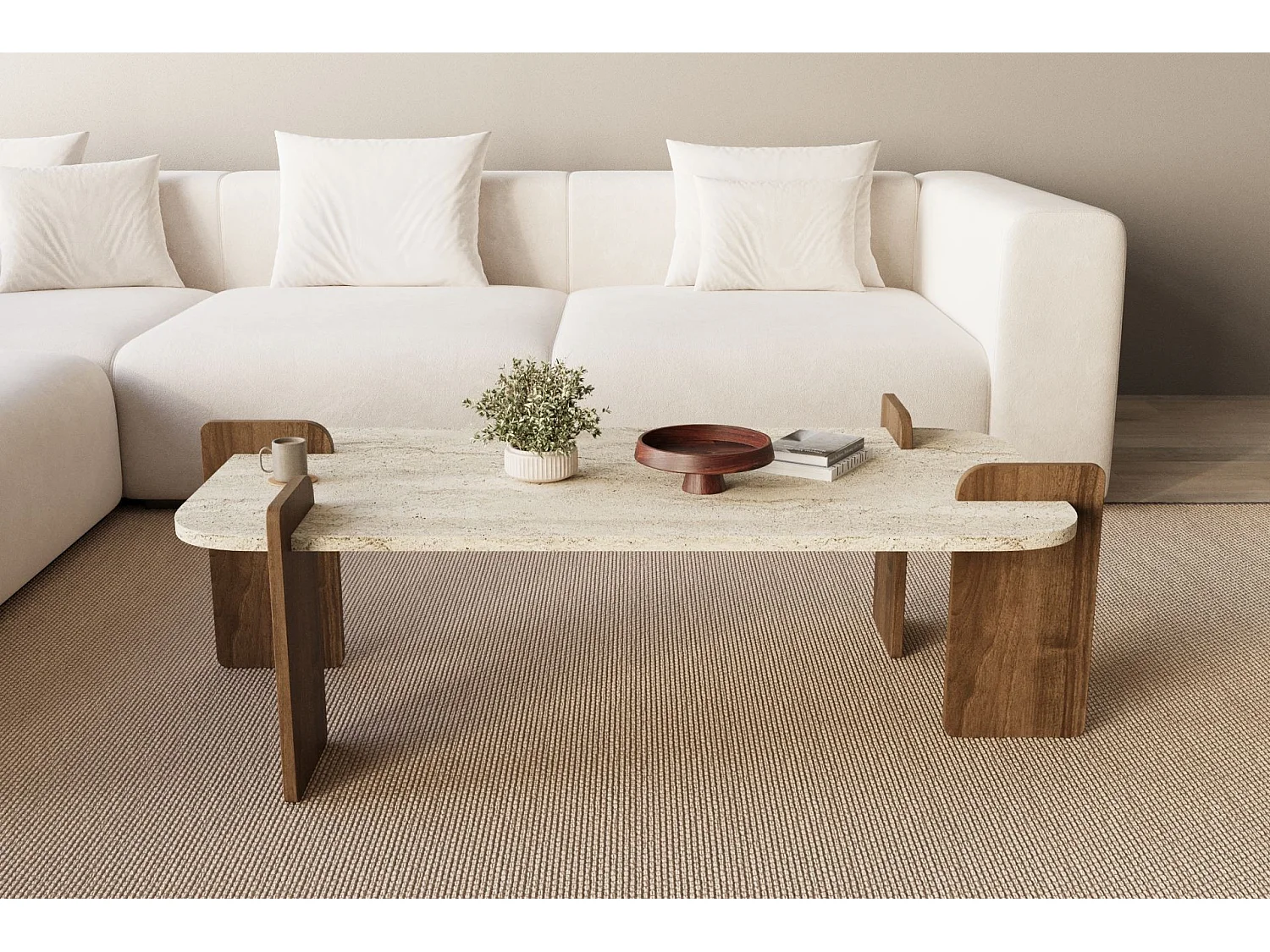 Table basse en bois "Leapiri" - 120 x 60 x 35 cm - Travertin