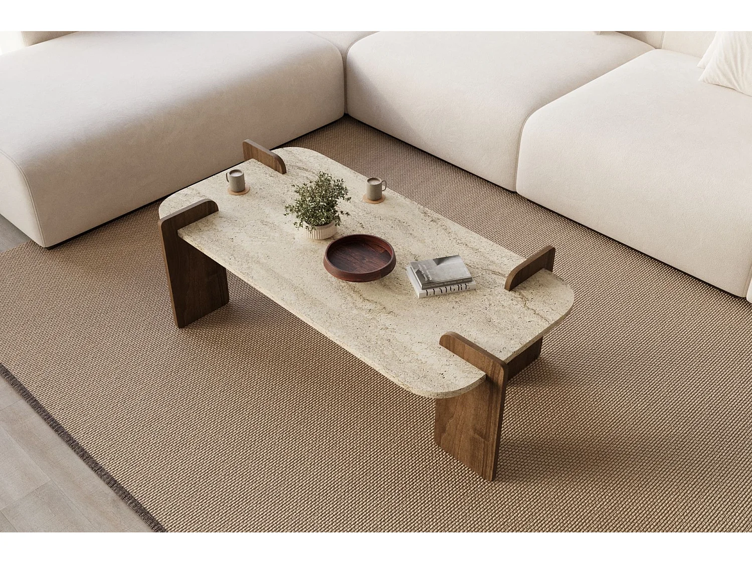 Table basse en bois "Leapiri" - 120 x 60 x 35 cm - Travertin