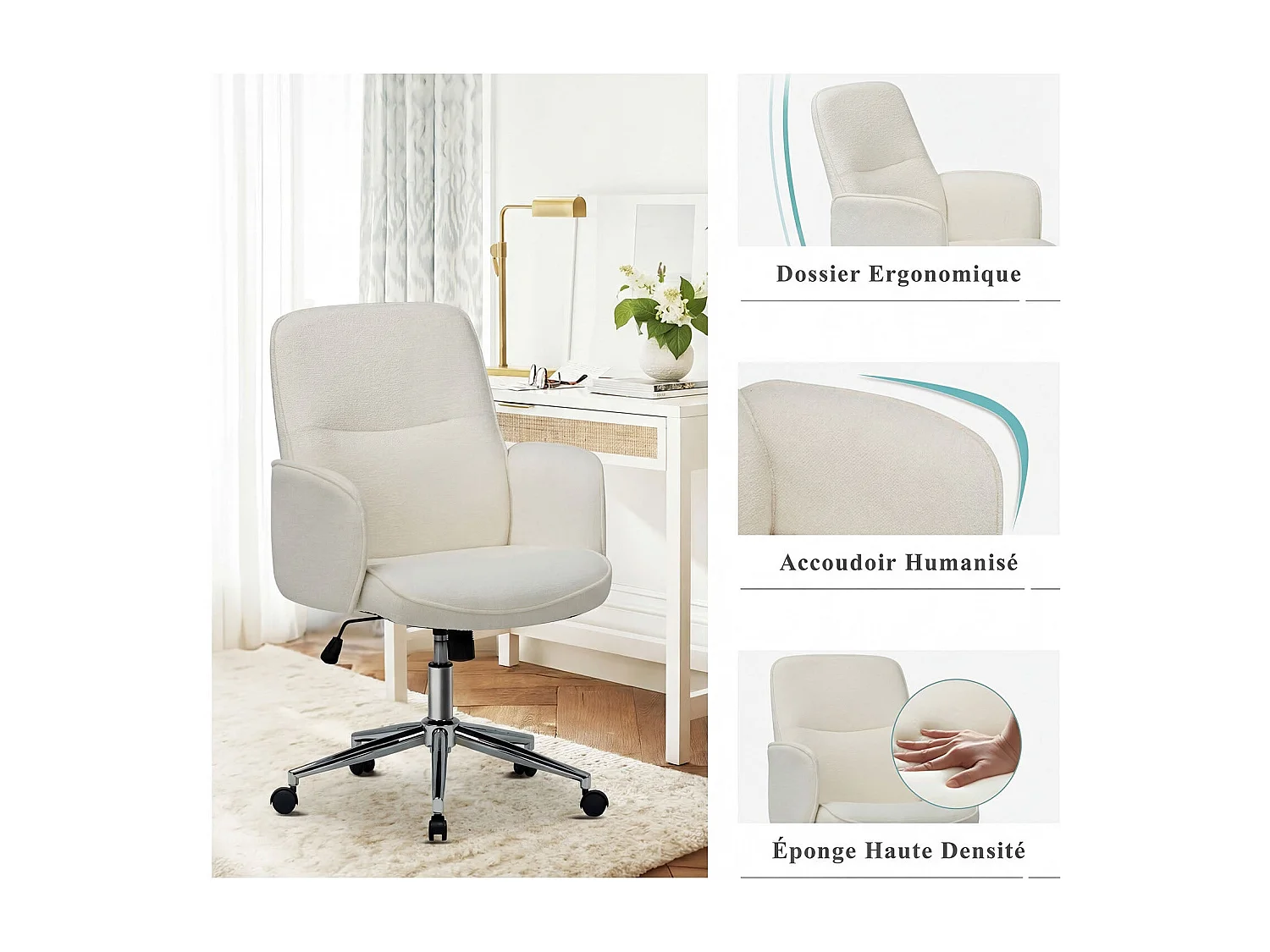 Chaise de bureau ergonomique à dossier haut en forme de coquille, hauteur réglable, beige