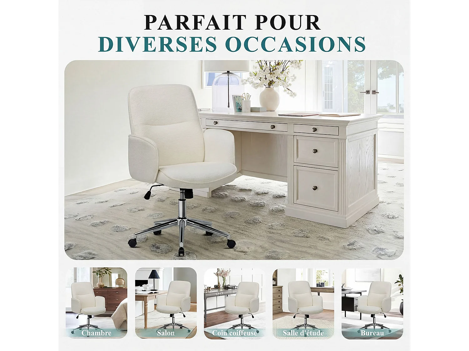 Chaise de bureau ergonomique à dossier haut en forme de coquille, hauteur réglable, beige