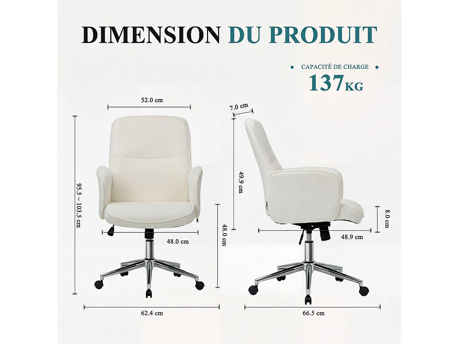 Chaise de bureau ergonomique à dossier haut en forme de coquille, hauteur réglable, beige