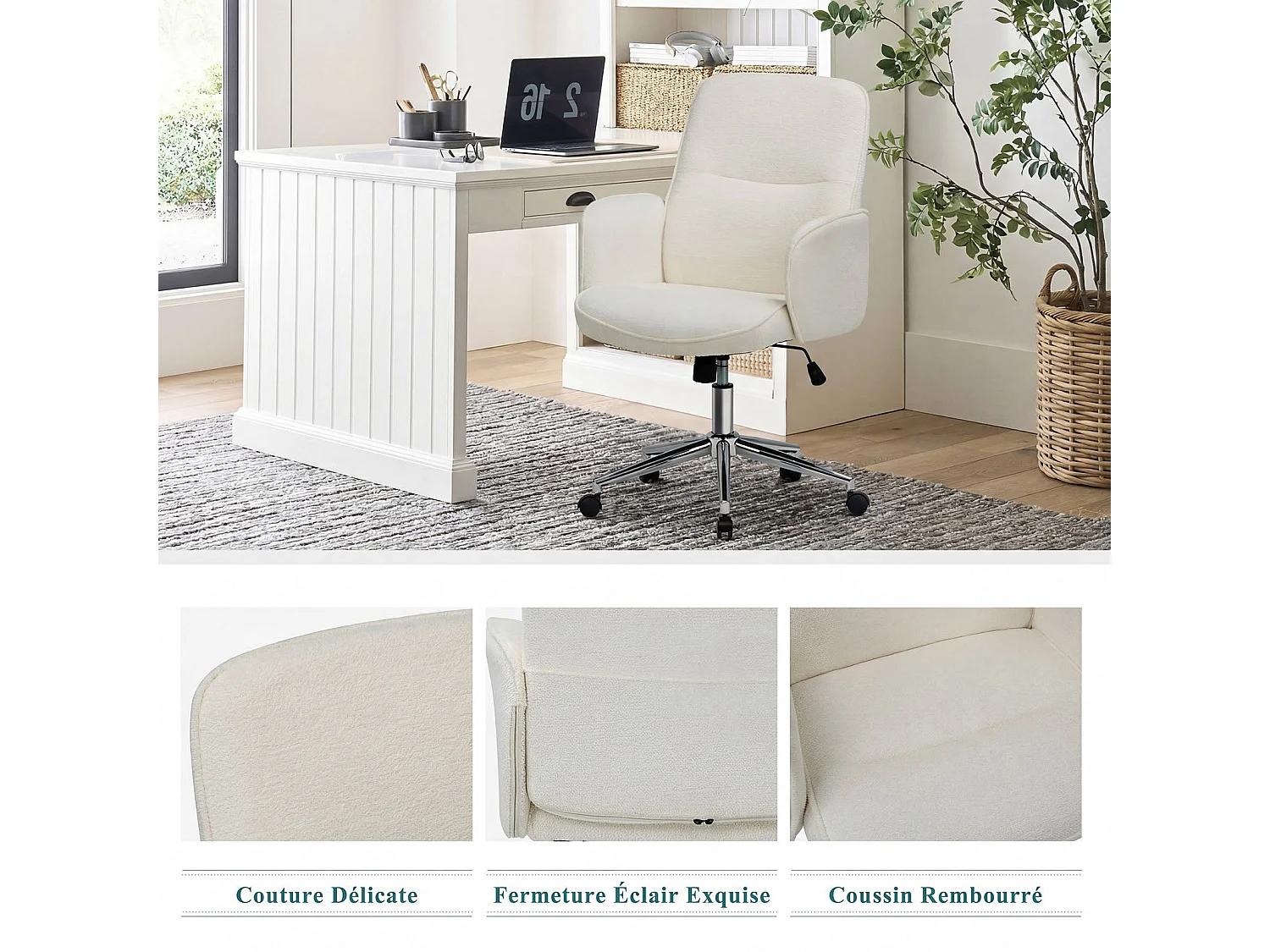 Chaise de bureau ergonomique à dossier haut en forme de coquille, hauteur réglable, beige