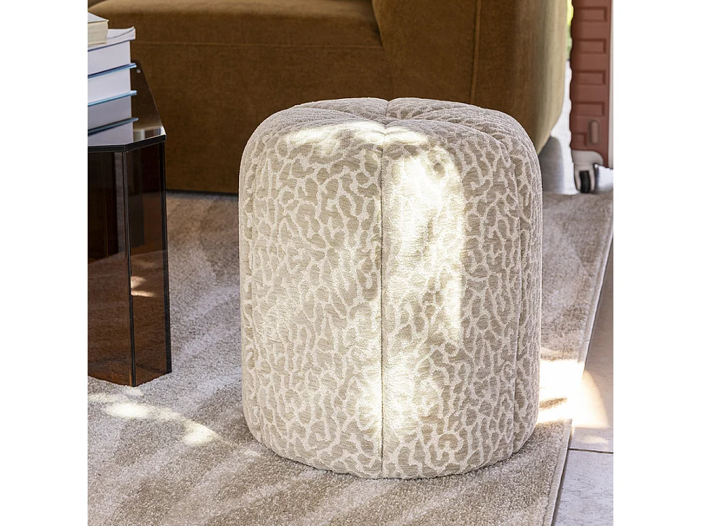 Flower - Pouf en tissu imprimé léopard ø 38cm - Beige