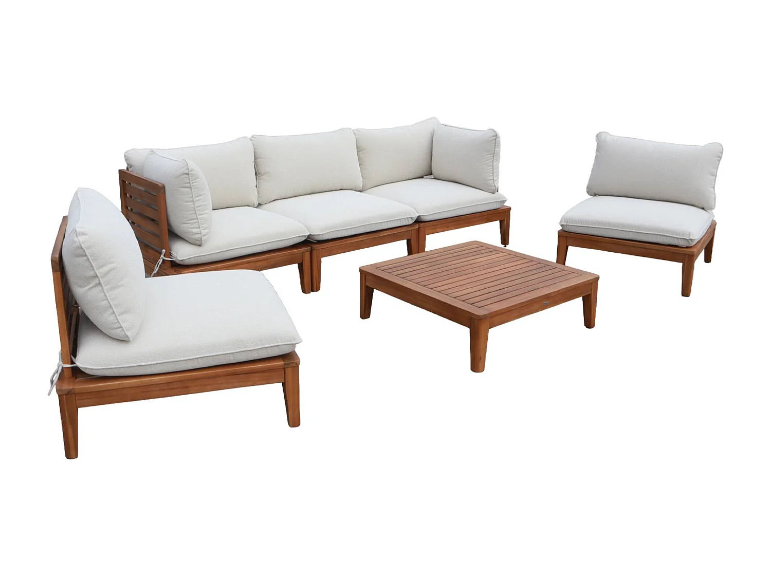 Salotto da giardino in legno di acacia e bouclé, 5 posti, beige