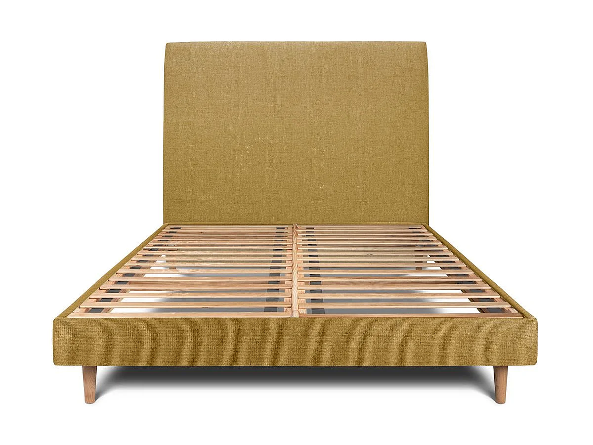 Lit 180x200cm avec tête de lit tapissier tissu et sommier kit jaune - Hauteur totale : 29cm
