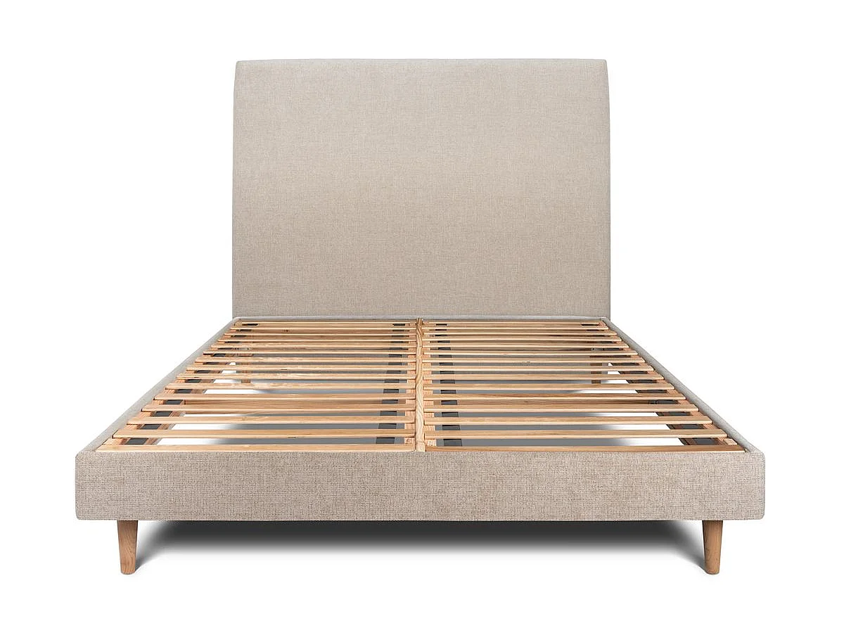 Lit 140x200cm avec tête de lit tapissier tissu et sommier kit beige brun - Hauteur totale : 29cm