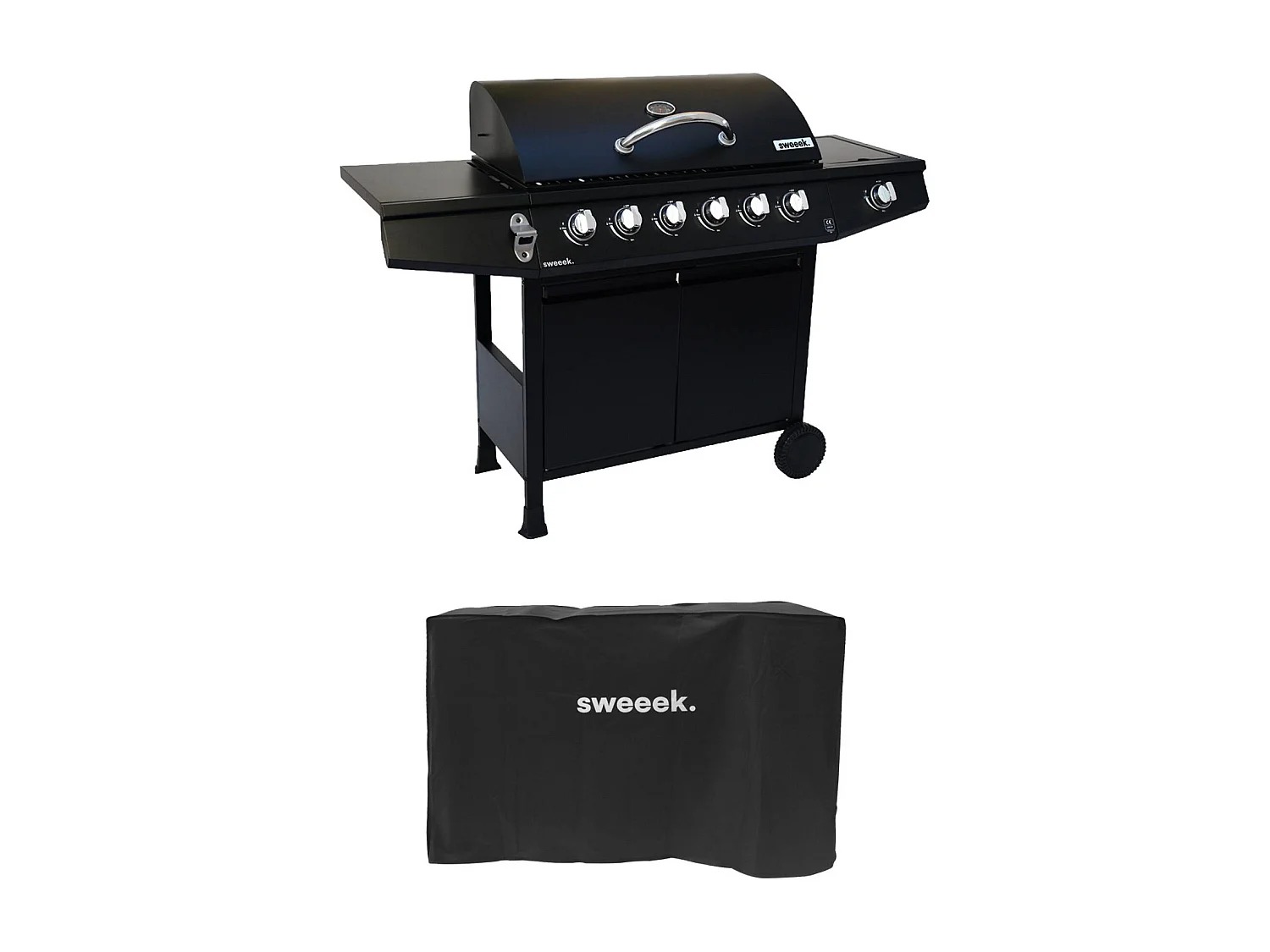 Barbecue gaz - Treville - Barbecue 7 brûleurs dont 1 feu latéral noir. avec thermomètre et housse