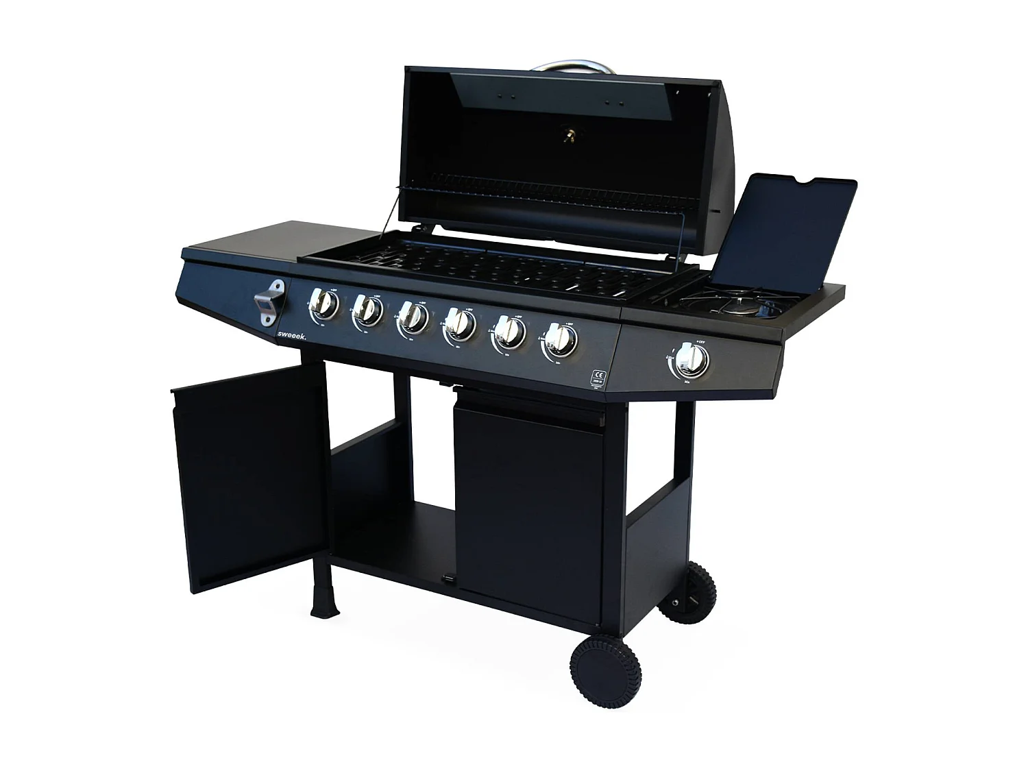 Barbecue gaz - Treville - Barbecue 7 brûleurs dont 1 feu latéral noir. avec thermomètre et housse
