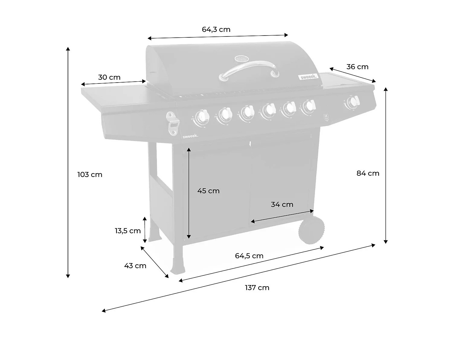 Barbecue gaz - Treville - Barbecue 7 brûleurs dont 1 feu latéral noir. avec thermomètre et housse