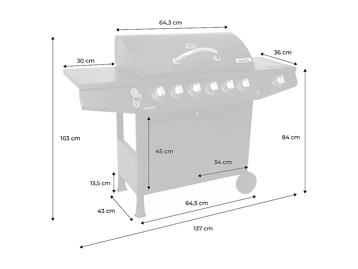 Barbecue gaz - Treville - Barbecue 7 brûleurs dont 1 feu latéral noir. avec thermomètre et housse