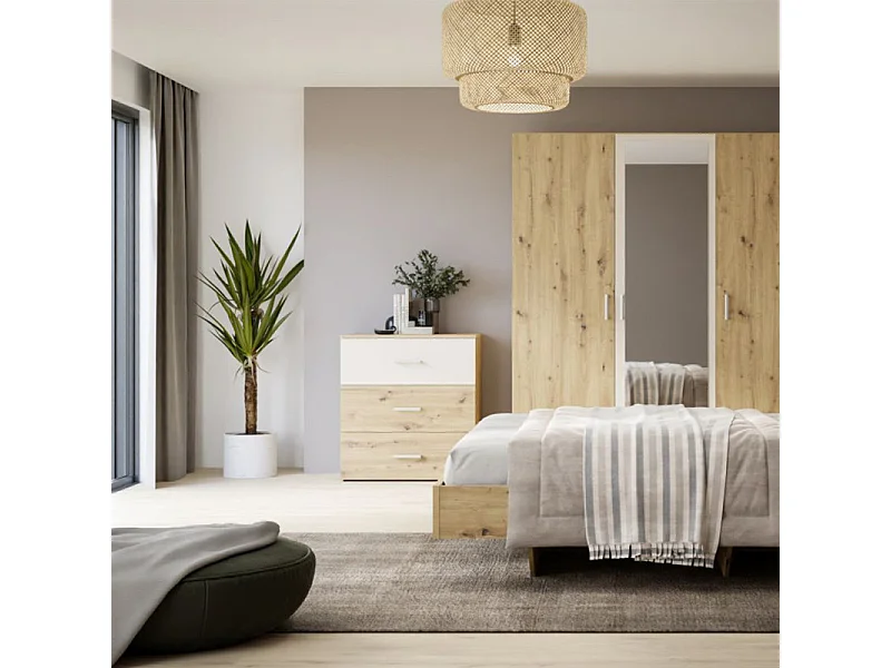 Commode L. 75 cm décor chêne et sable avec 3 tiroirs - DODOMA