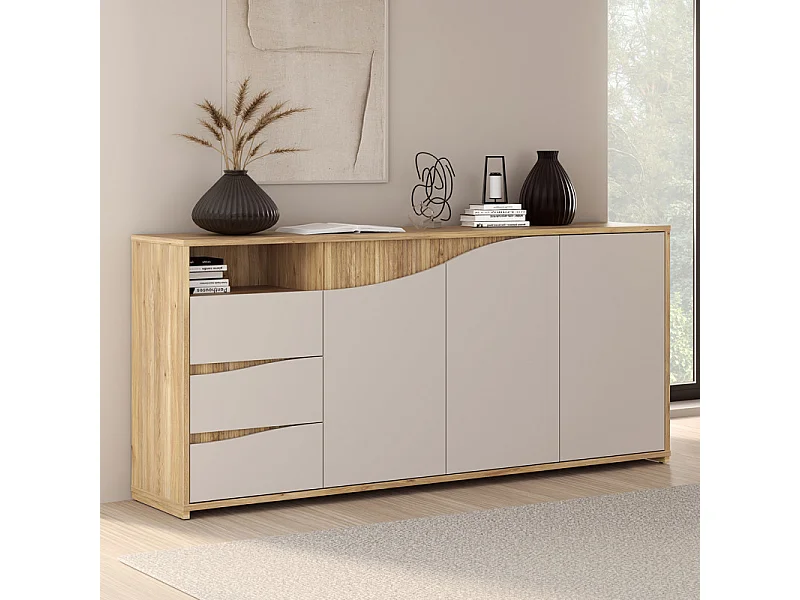 Buffet 204 cm décor tasseaux bois et sable avec vagues - RIVAGE