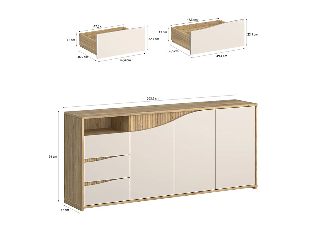 Buffet 204 cm décor tasseaux bois et sable avec vagues - RIVAGE