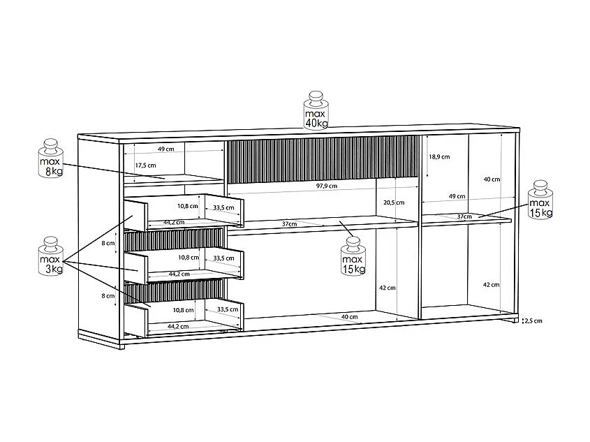 Buffet 204 cm décor tasseaux bois et sable avec vagues - RIVAGE