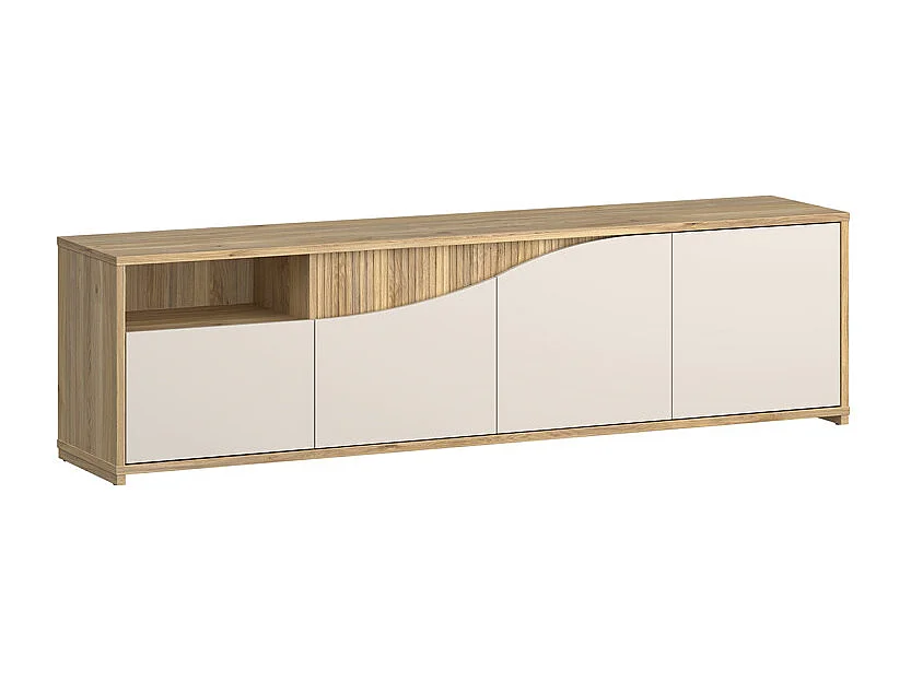 Meuble TV 204 cm décor tasseaux bois et sable avec vagues - RIVAGE