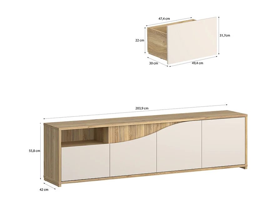 Meuble TV 204 cm décor tasseaux bois et sable avec vagues - RIVAGE