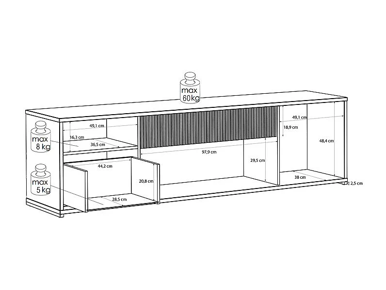Meuble TV 204 cm décor tasseaux bois et sable avec vagues - RIVAGE