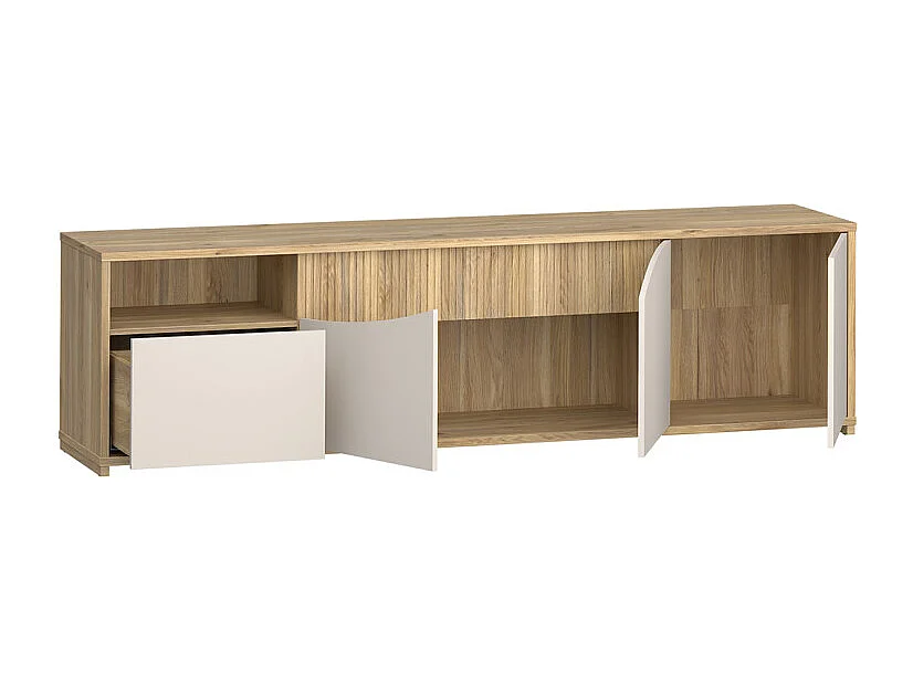 Meuble TV 204 cm décor tasseaux bois et sable avec vagues - RIVAGE