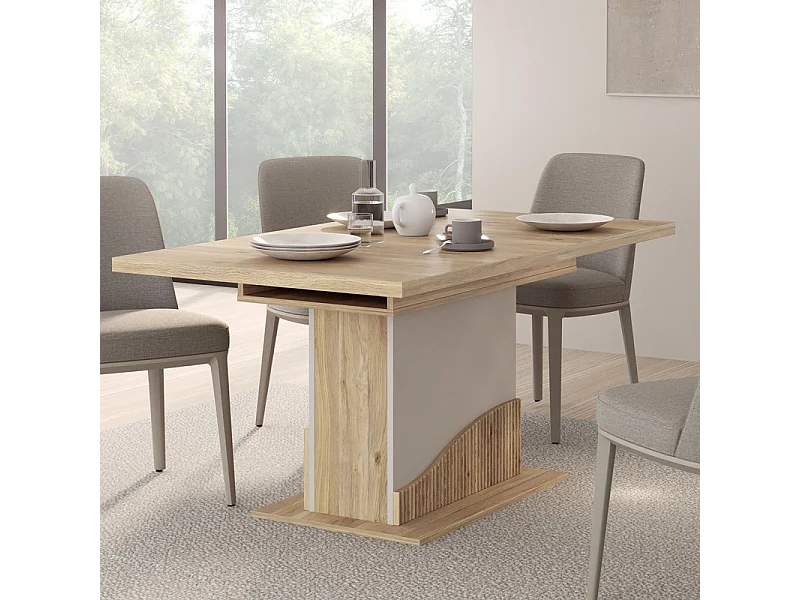 Table extensible 160 à 200 cm pied central décor tasseaux bois - RIVAGE