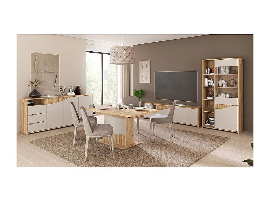 Table extensible 160 à 200 cm pied central décor tasseaux bois - RIVAGE