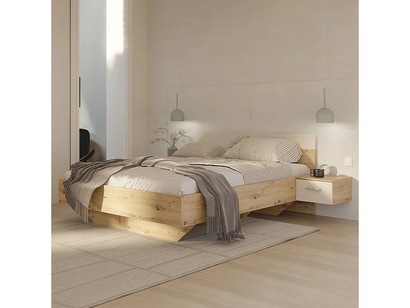 Lit 160 x 200 cm décor chêne et sable avec tables de chevet - DODOMA