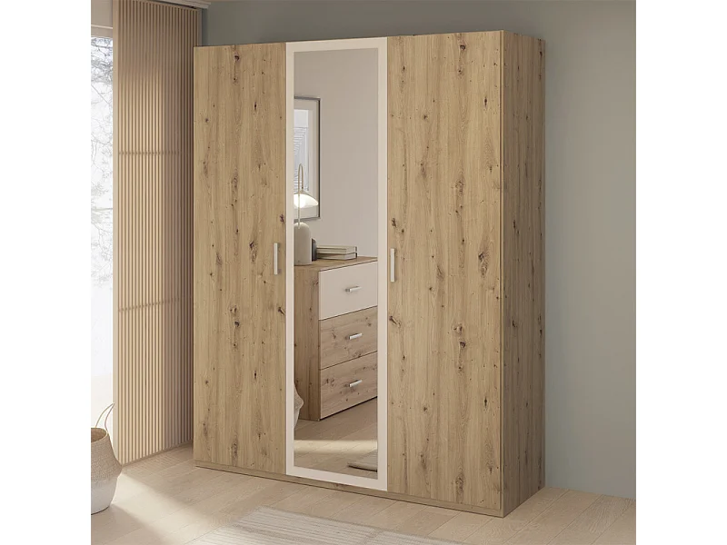 Armoire H. 210 cm décor chêne et sable avec portes battantes - DODOMA