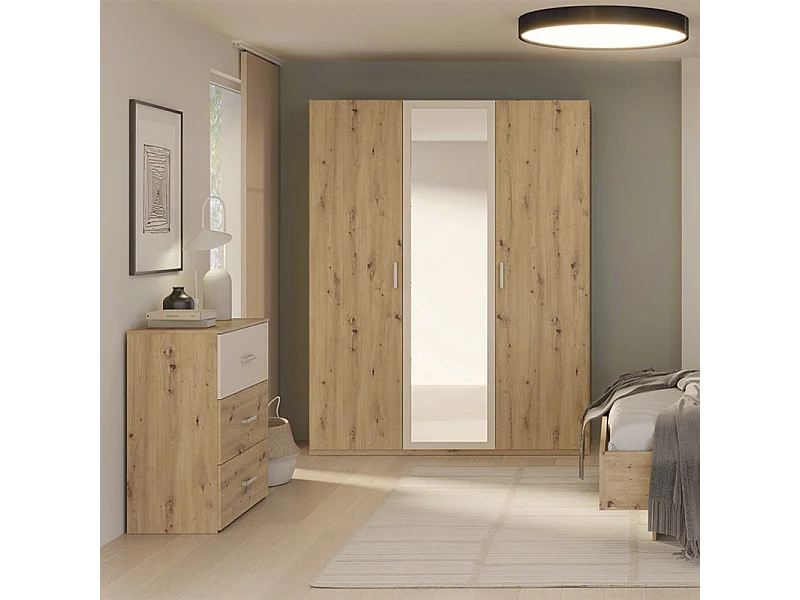 Armoire H. 210 cm décor chêne et sable avec portes battantes - DODOMA